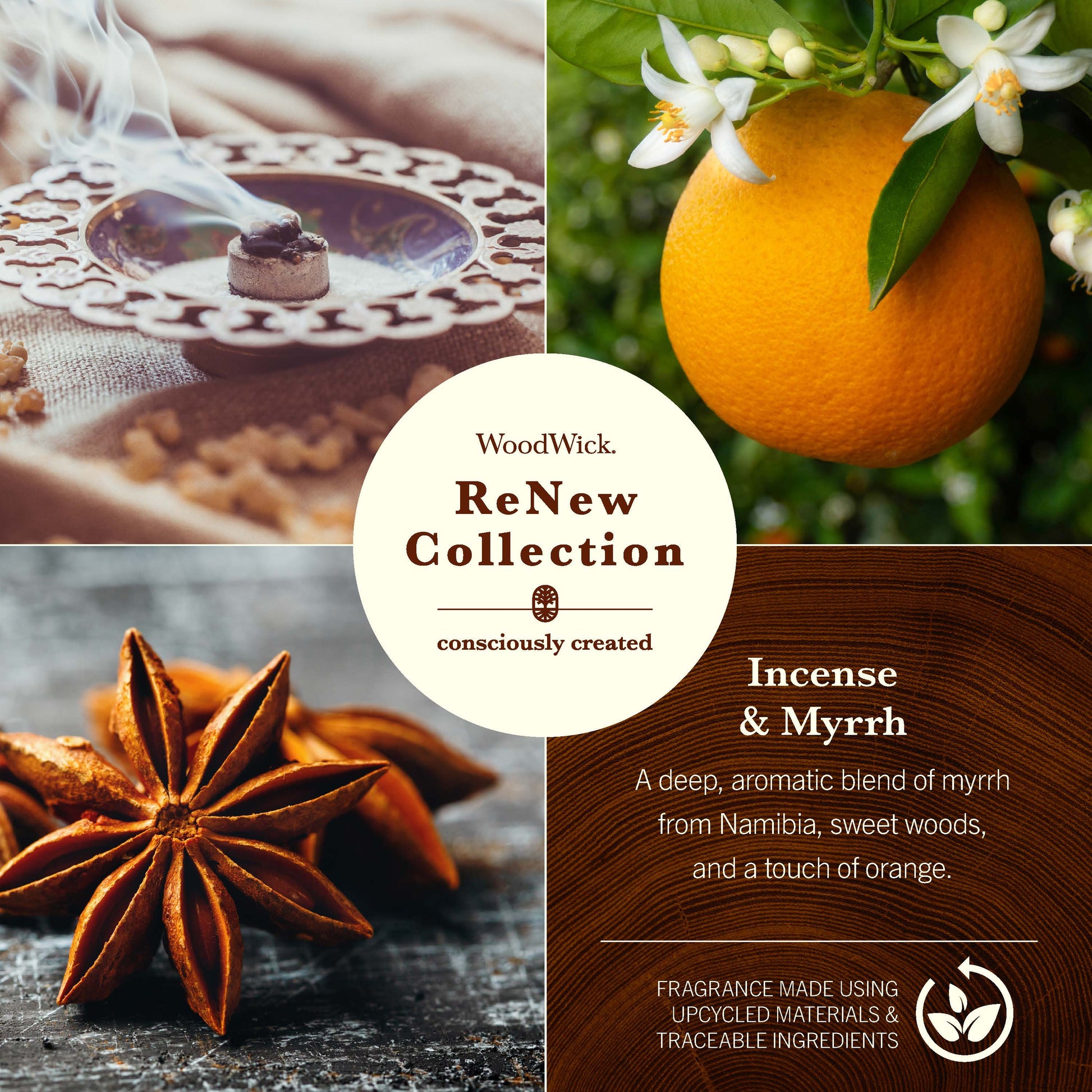 photo collage of woodwick renew collection incense and myrrh